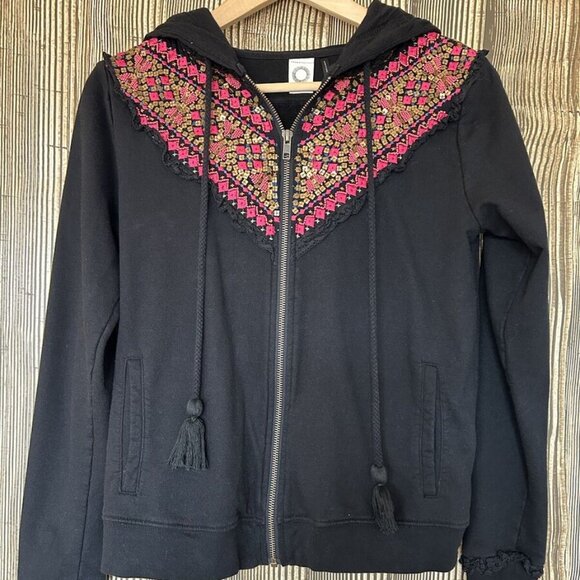 Anthropologie Akemi + Kin Black Embroidered Beaded Black Zip Up Hoodie XS - Picture 1 of 2